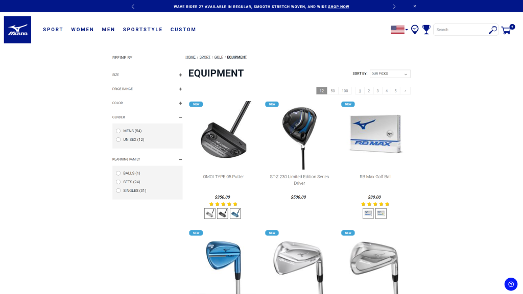 screenshot of the Mizuno best golf club sets homepage