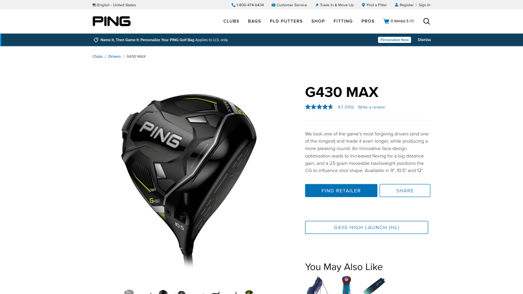 screenshot of the Ping G430 Max Driver best golf drivers homepage