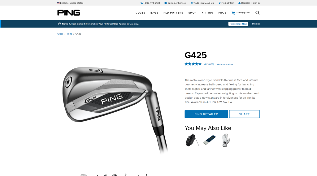 screenshot of the Ping G425 best golf clubs for seniors homepage