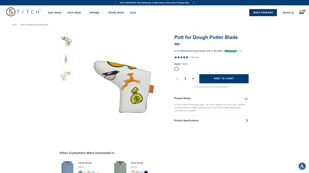 screenshot of the Stitch Putt for Dough Putter Blade best golf accessories homepage