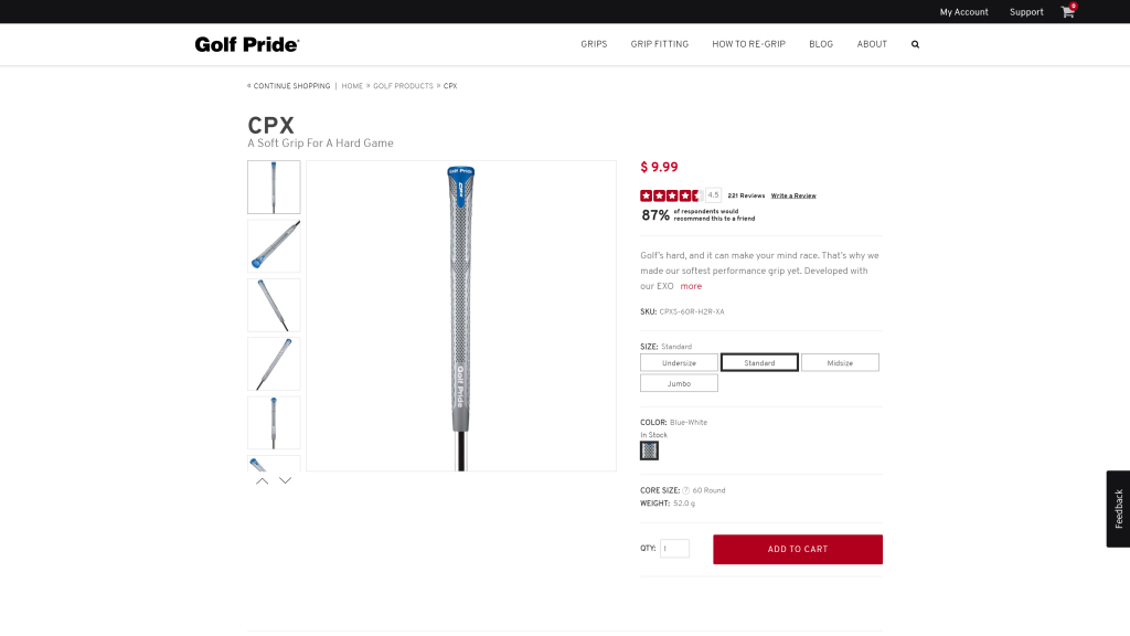 screenshot of the Golf Pride CPX Grip homepage