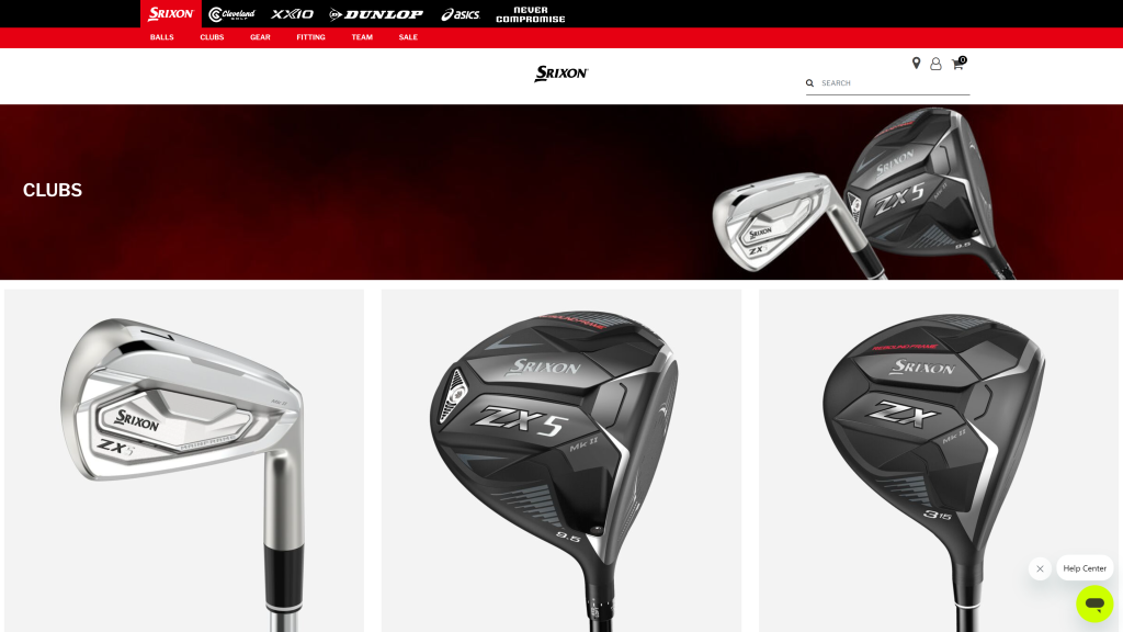screenshot of the golf club set homepage