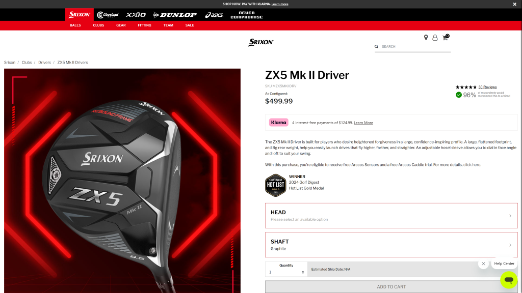 screenshot of the Srixon ZX5 Mk II Driver homepage