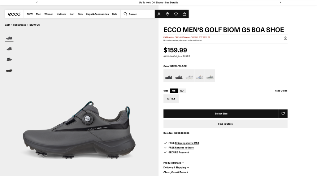 screenshot of the Ecco Biom G5 best shoes for golf homepage