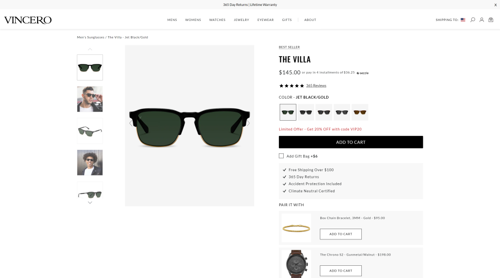 screenshot of the Vincero The Villa best sunglasses for golf homepage