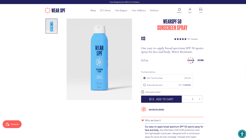 screenshot of the WearSPF Sunscreen Spray homepage