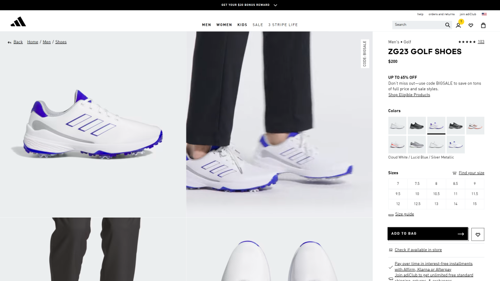 screenshot of the Adidas ZG23 homepage