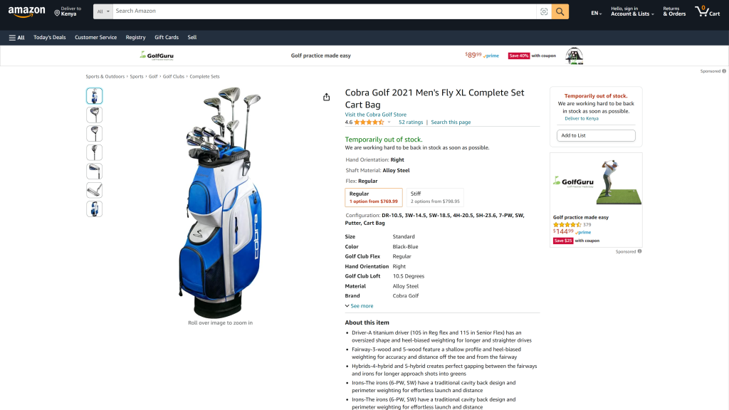 screenshot of the Cobra Golf Fly XL best golf clubs for men homepage