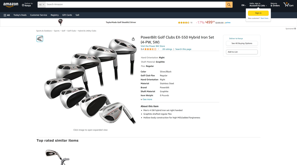 screenshot of the PowerBilt EX-550 best golf clubs for seniors homepage