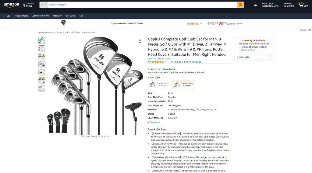 screenshot of the Goplus Complete Golf Club Set for Men homepage