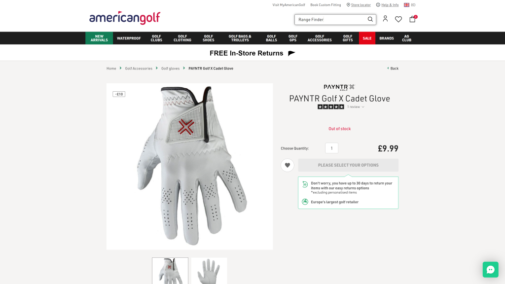 screenshot of the Payntr best golf gloves Glove homepage