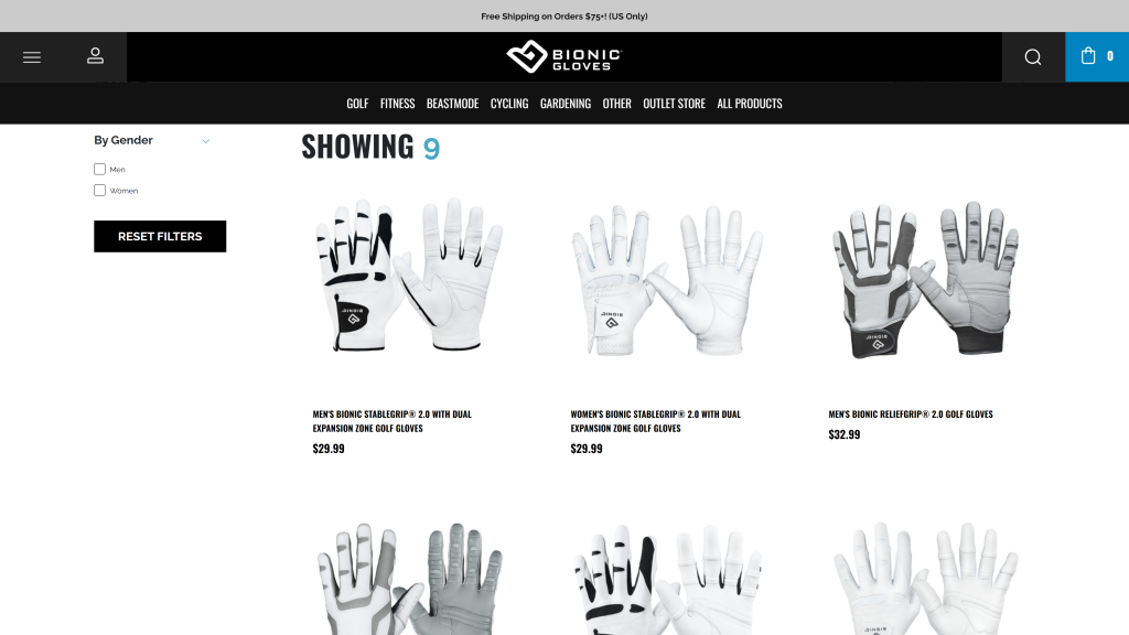screenshot of the Bionic Golf Glove homepage
