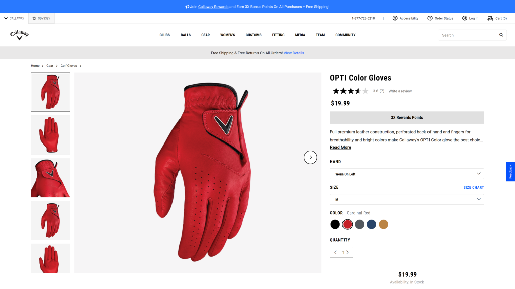 screenshot of the Callaway Golf OptiColor Leather Glove homepage