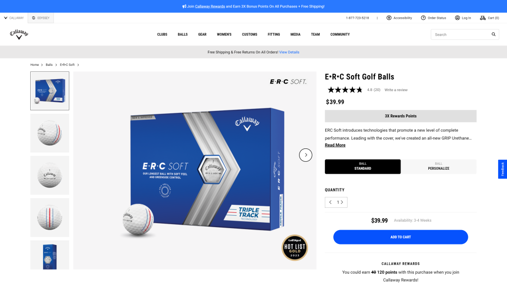 screenshot of the Callaway ERC Soft Triple Track Golf Balls best golf balls for high handicappers homepage
