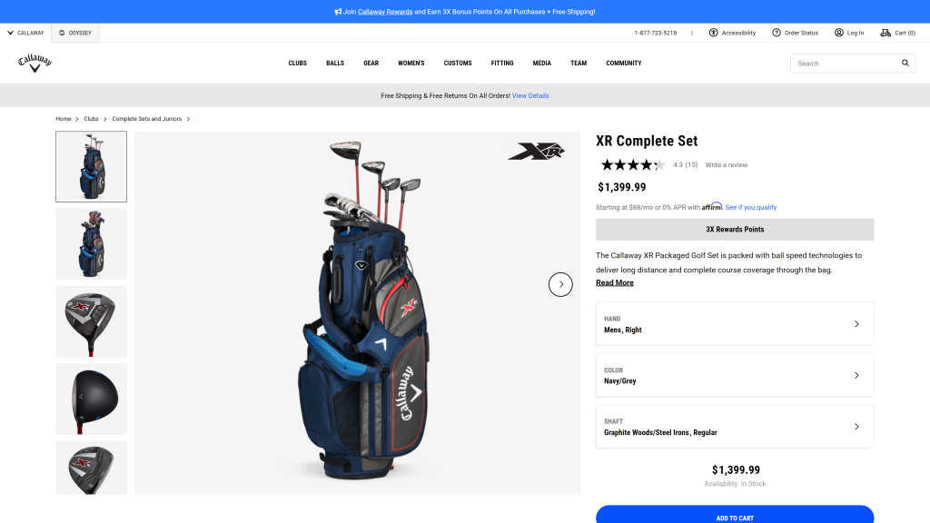 screenshot of Callaway XR Package Set golf club set for beginners homepage