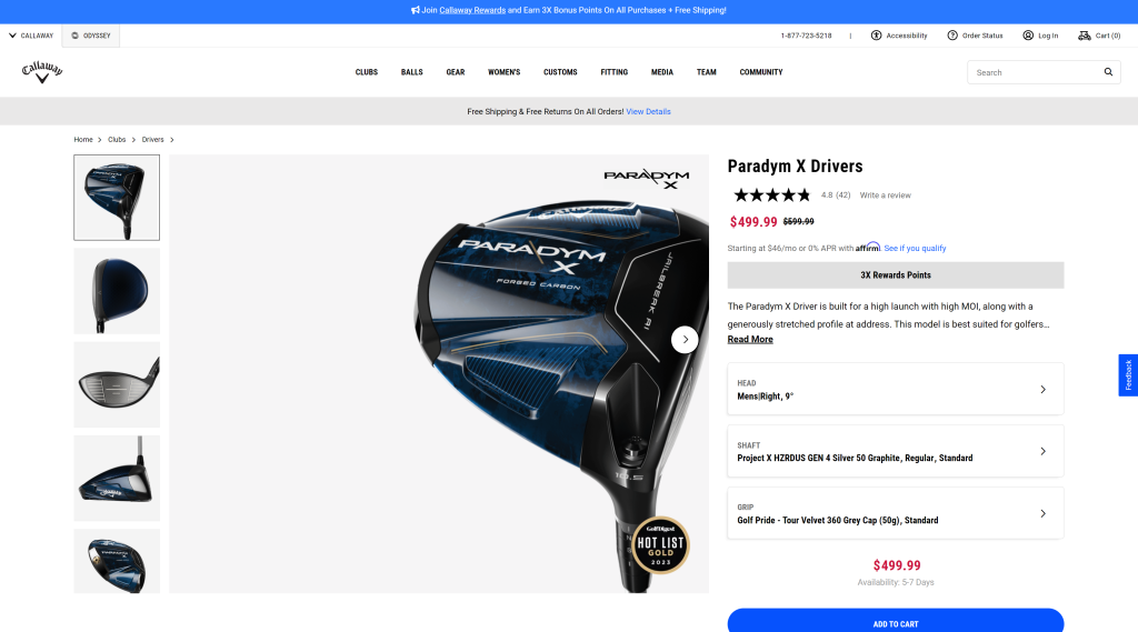 screenshot of the Callaway Paradym X homepage