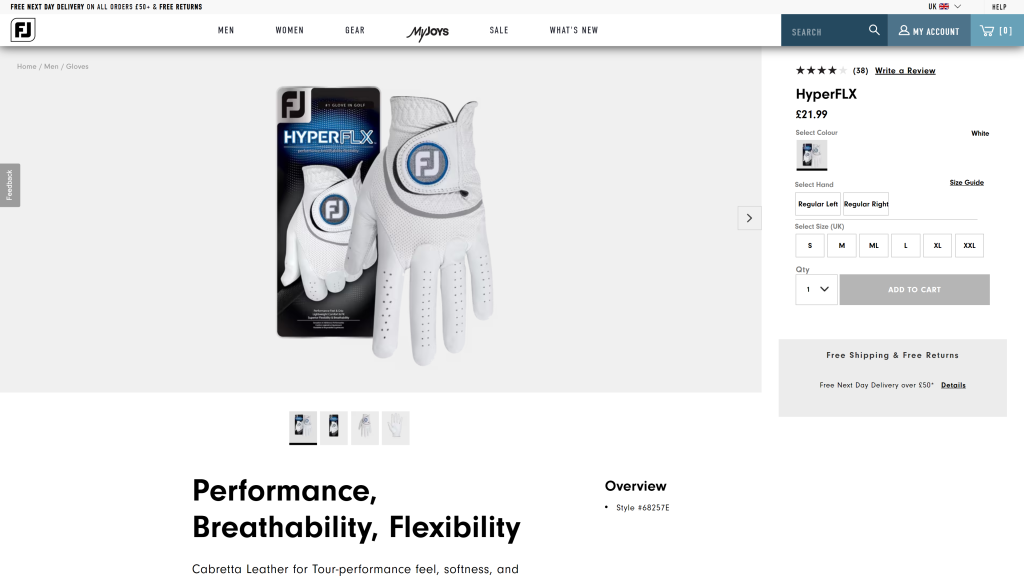 screenshot of the FootJoy HyperFlex Glove best golf accessories homepage