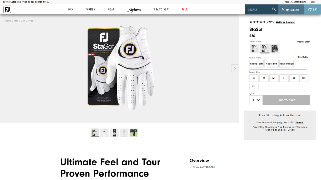screenshot of the FootJoy StaSof best golf gloves homepage