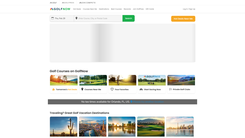 screenshot of the GolfNow homepage