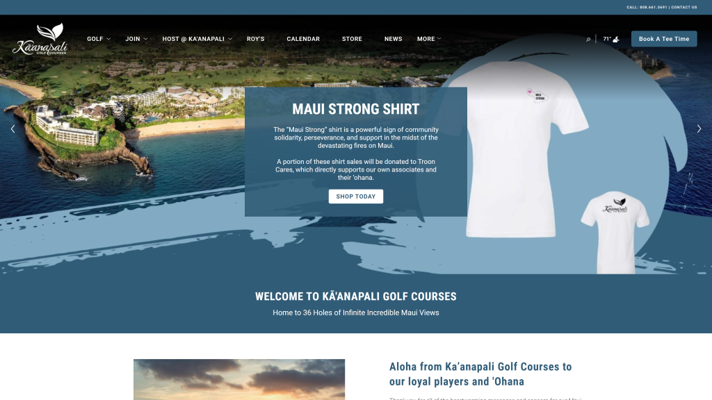 screenshot of the Royal Kaanapali hawaii golf courses homepage