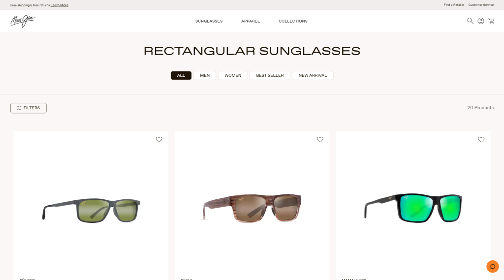 screenshot of the Maui Jim Polarized Rectangular best sunglasses for golf homepage