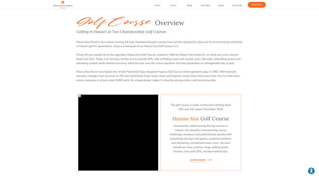 screenshot of the Mauna Kea Beach Hotel hawaii golf courses homepage