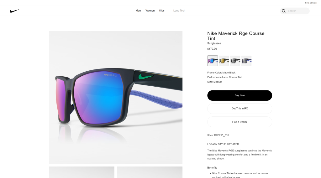 screenshot of the Nike Maverick RGE M best sunglasses for golf homepage