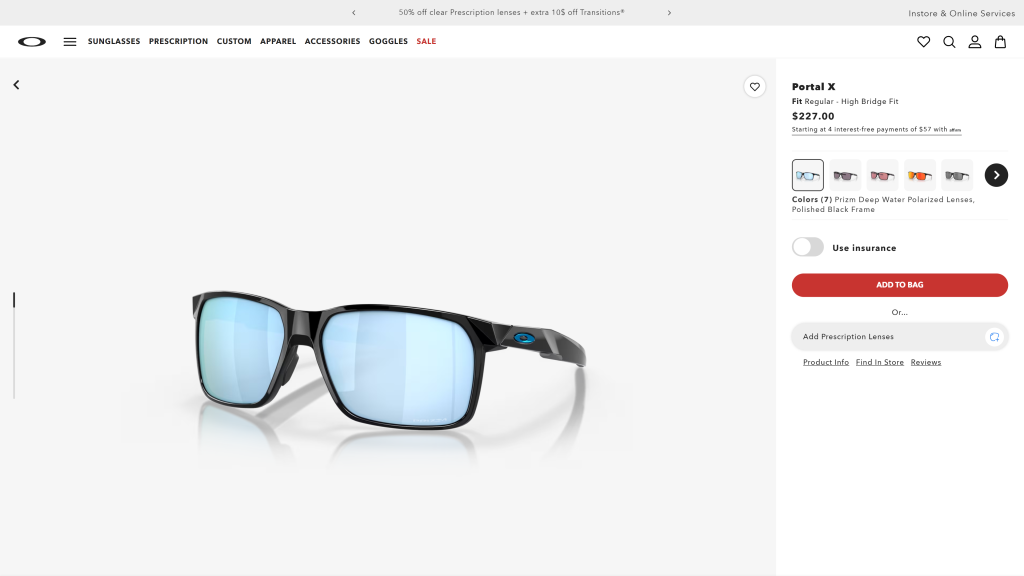 screenshot of the Oakley Portal X Sunglasses homepage