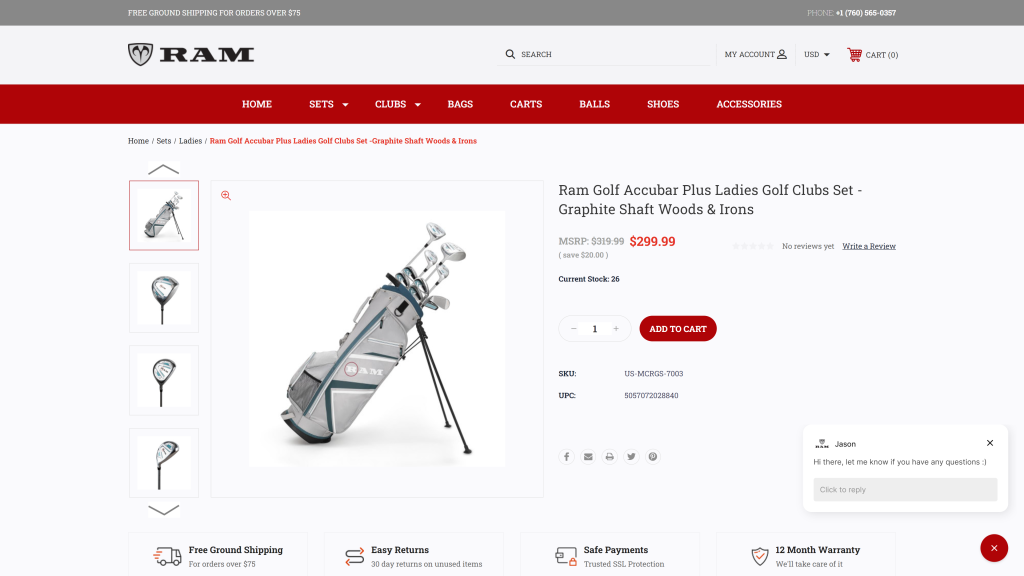 screenshot of the Ram Golf Accubar Plus Ladies Set best golf clubs for ladies homepage