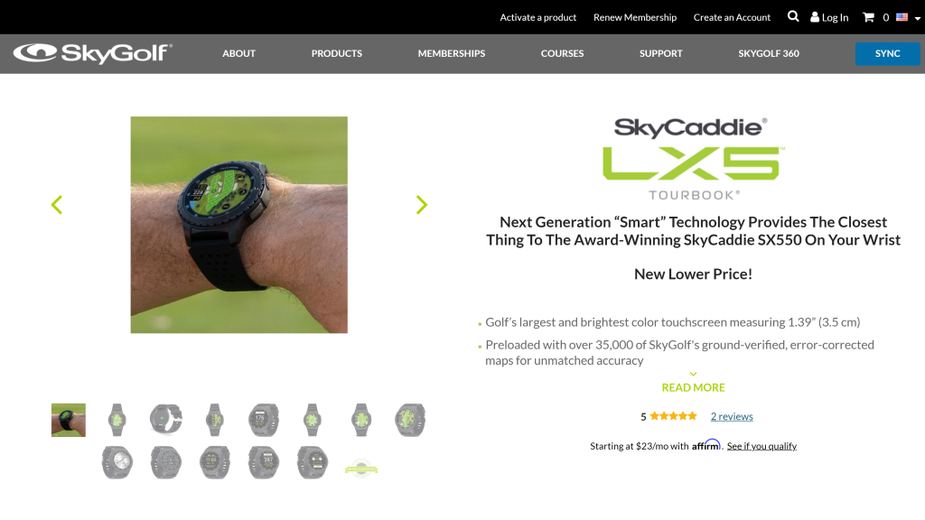 screenshot of the Sky Caddie LX5 GPS Watch homepage