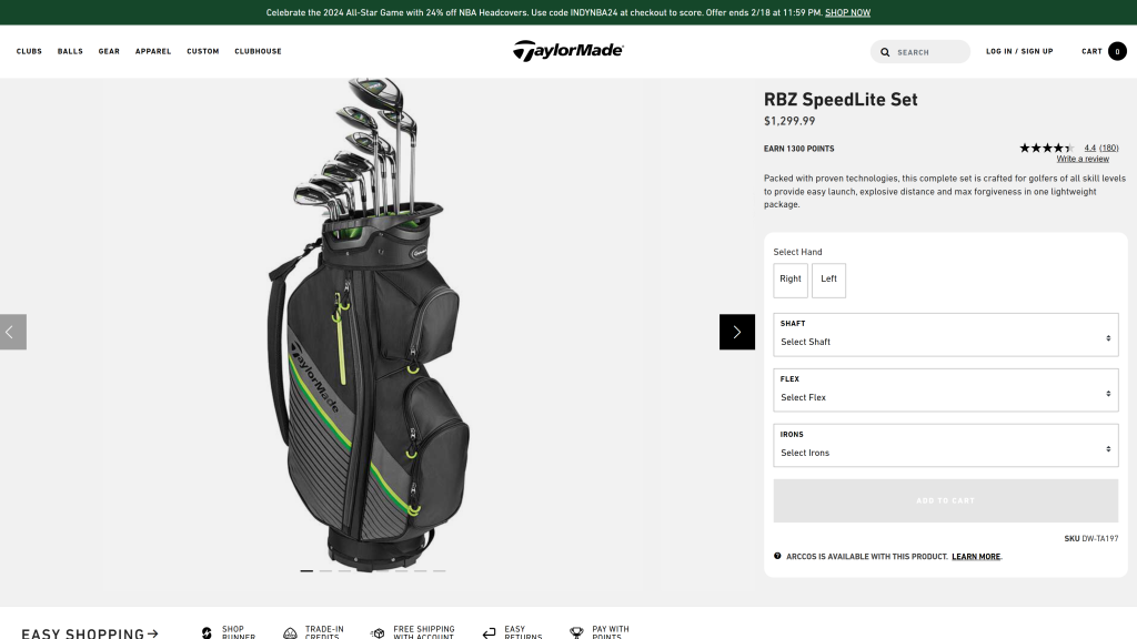 screenshot of the TaylorMade RBZ SpeedLite golf club set for beginners homepage