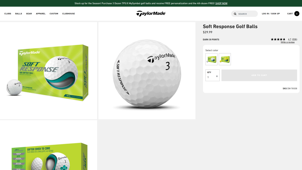 screenshot of the TaylorMade Soft Response 2022 Golf Ball best golf balls for high handicappers homepage