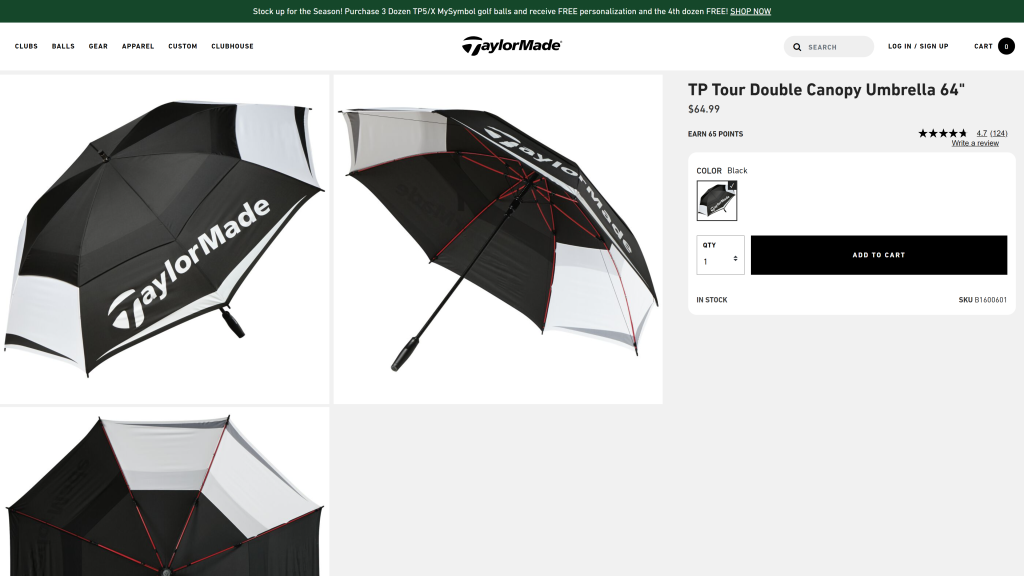 screenshot of the TaylorMade 64” Double Canopy Umbrellas best golf accessories homepage
