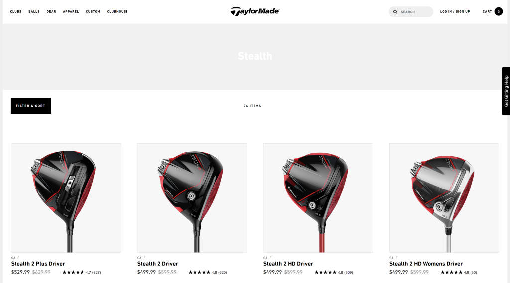 screenshot of the TaylorMade Stealth best golf clubs for seniors homepage