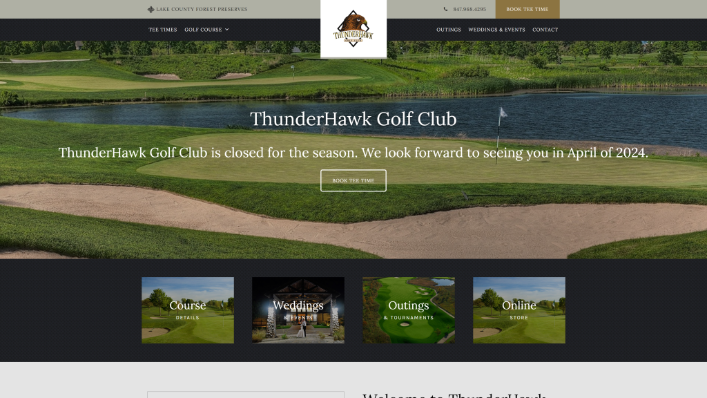 screenshot of the Thunderhawk chicago golf courses homepage