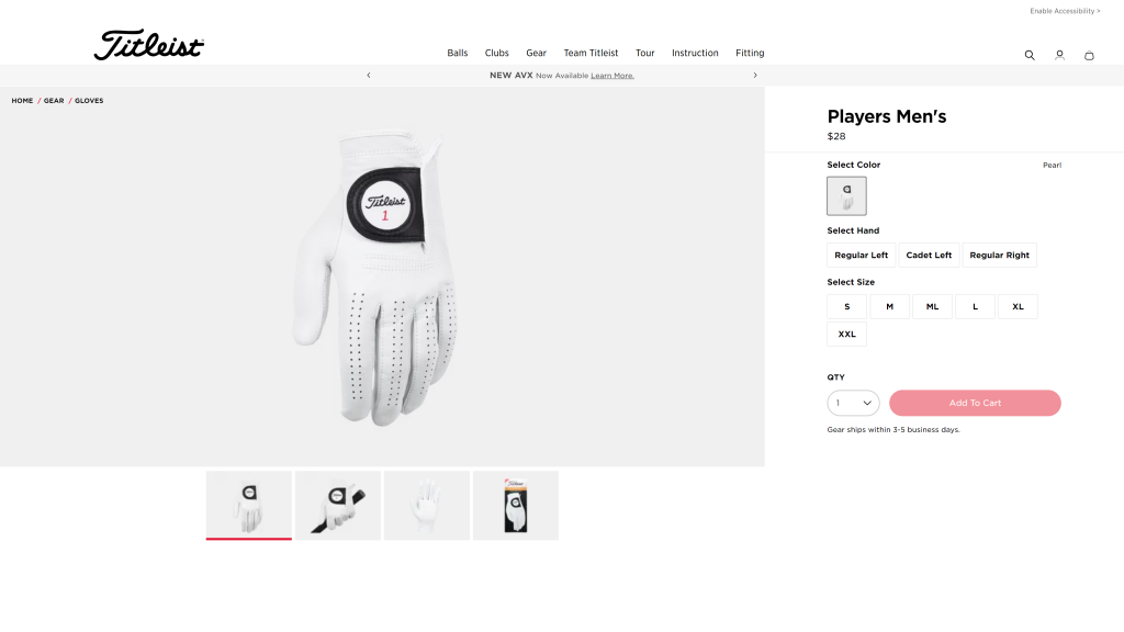 screenshot of the Titleist Players Gloves best golf gloves homepage