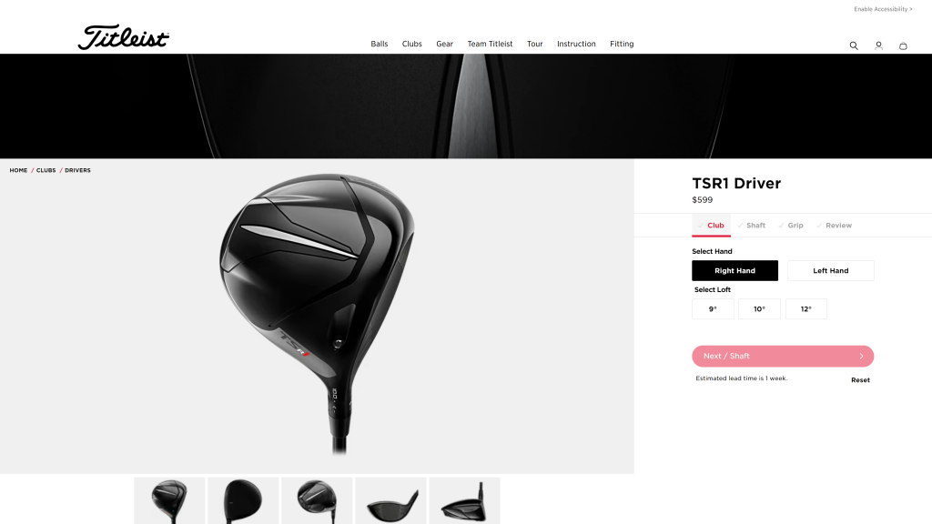 screenshot of the Titleist TSR1 Driver homepage