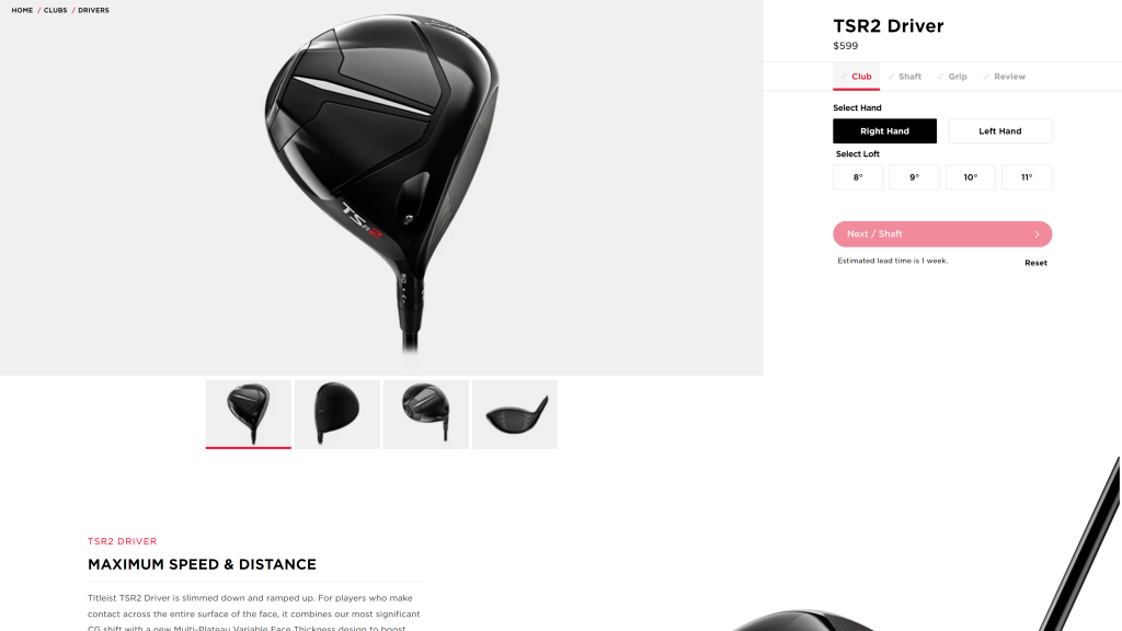 screenshot of the Titleist TSR2 Driver best golf drivers homepage