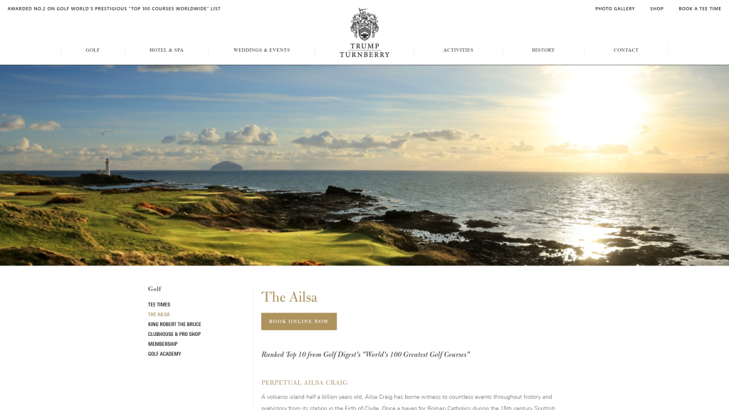 screenshot of the Trump Turnberry Ailsa homepage