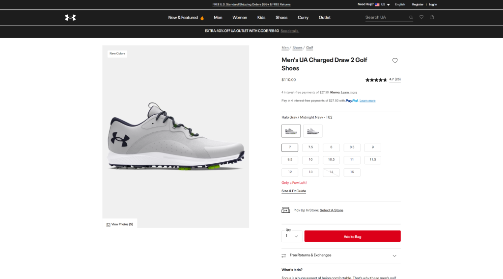 screenshot of the Under Armour Charged Draw 2 best shoes for golf homepage