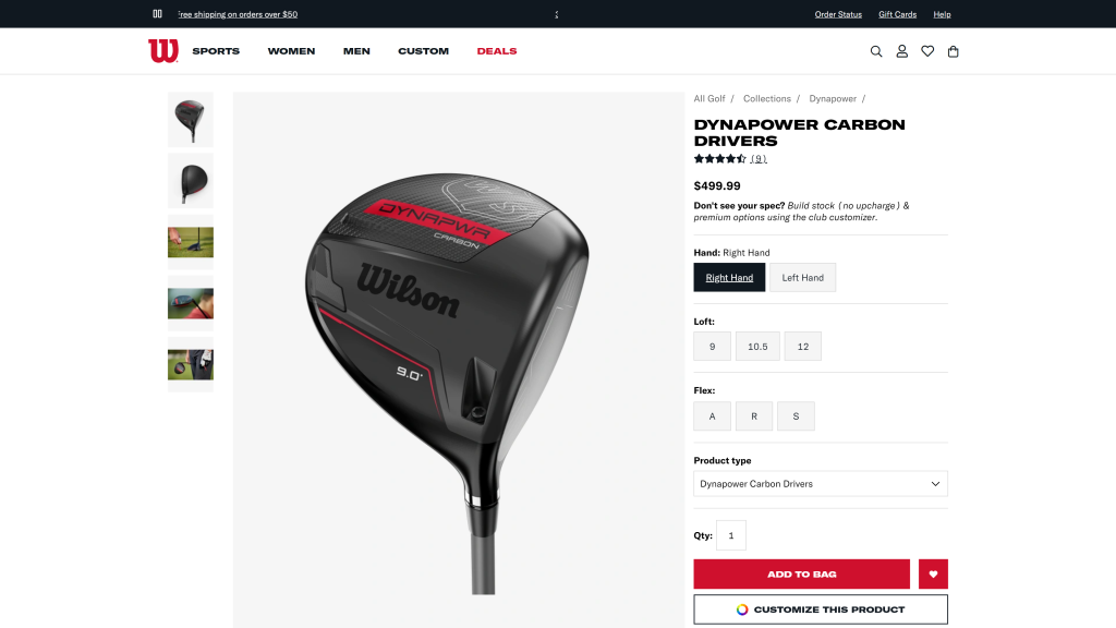 screenshot of the Wilson Dynapower Carbon Driver homepage