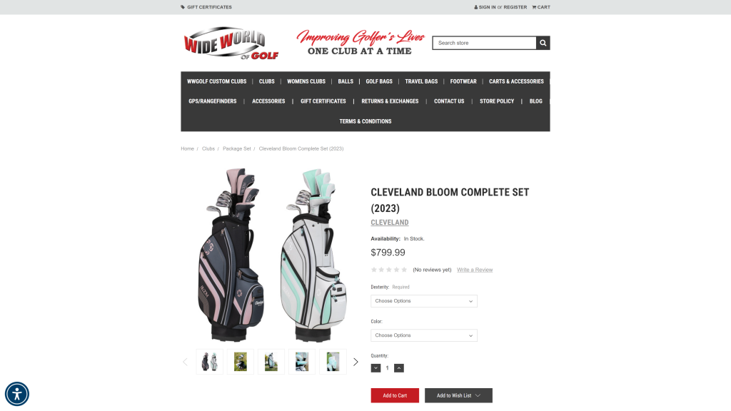screenshot of the Cleveland Bloom Ladies Package Set best golf clubs for ladies homepage