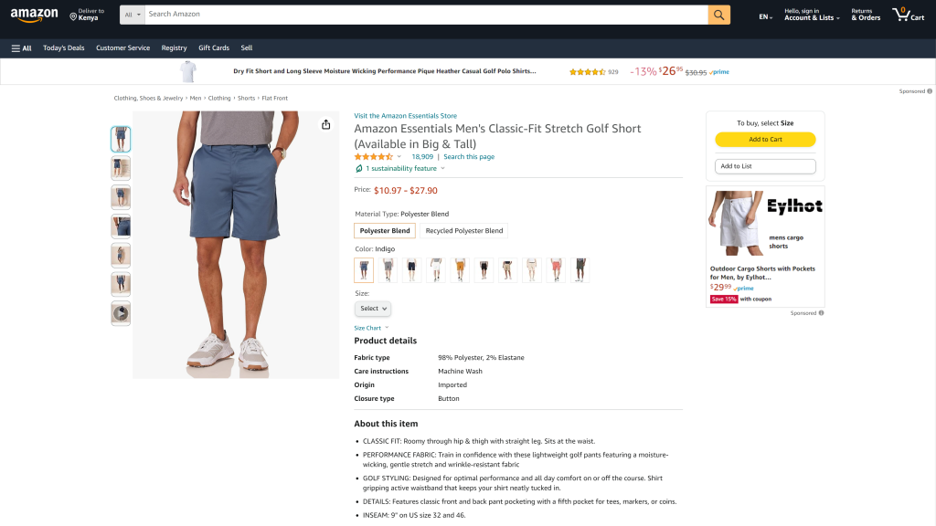 screenshot of the Amazon Essentials Stretch Golf Short best golf shorts mens homepage
