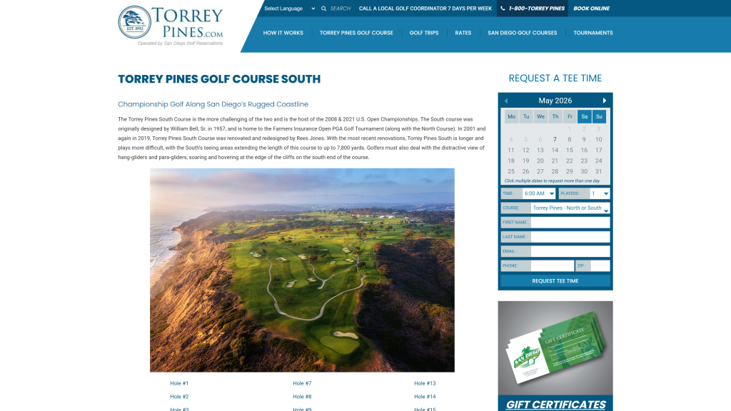 screenshot image of Torrey Pines South Course homepage
