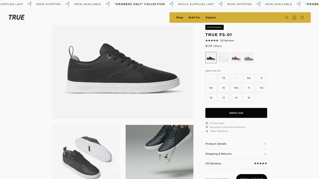 screenshot of the TRUE Linkswear True FS-01 homepage