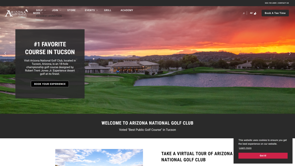 screenshot of the Arizona National Golf Club best golf course in arizona homepage