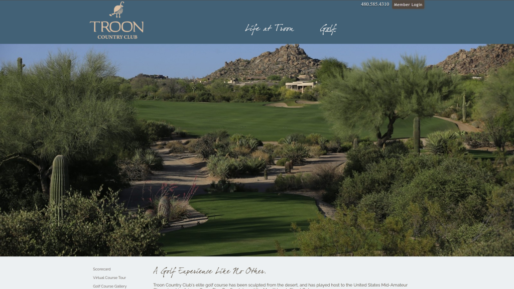 screenshot of the Troon Country Club best golf course in arizona homepage