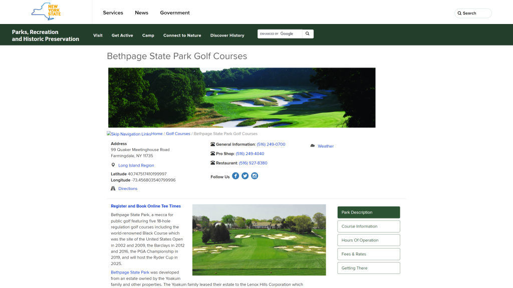 screenshot of the Bethpage State Park Golf Course - Red Course homepage