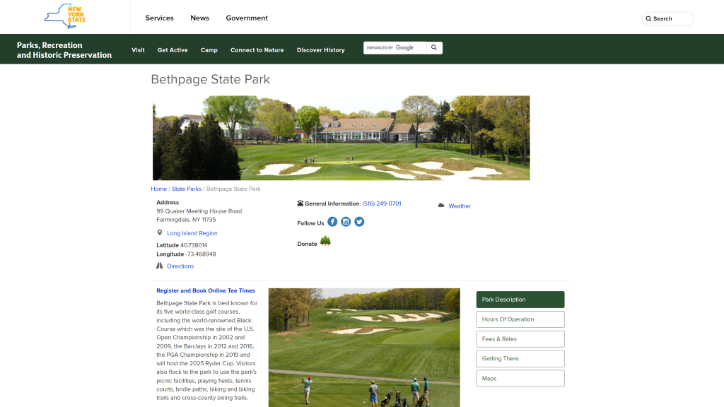 screenshot of the Bethpage State Park  homepage