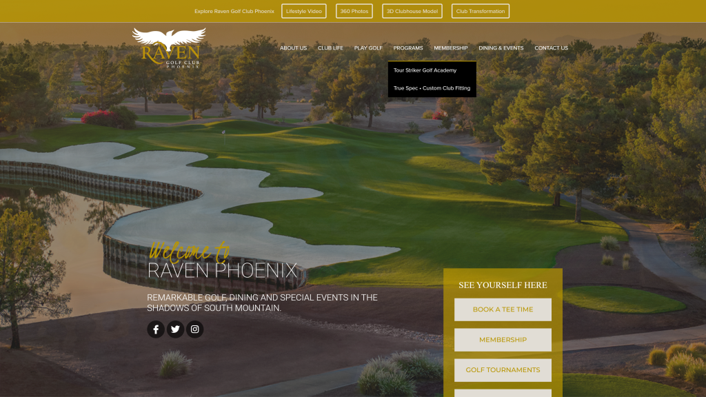 screenshot of the Raven Golf Club, Phoenix homepage